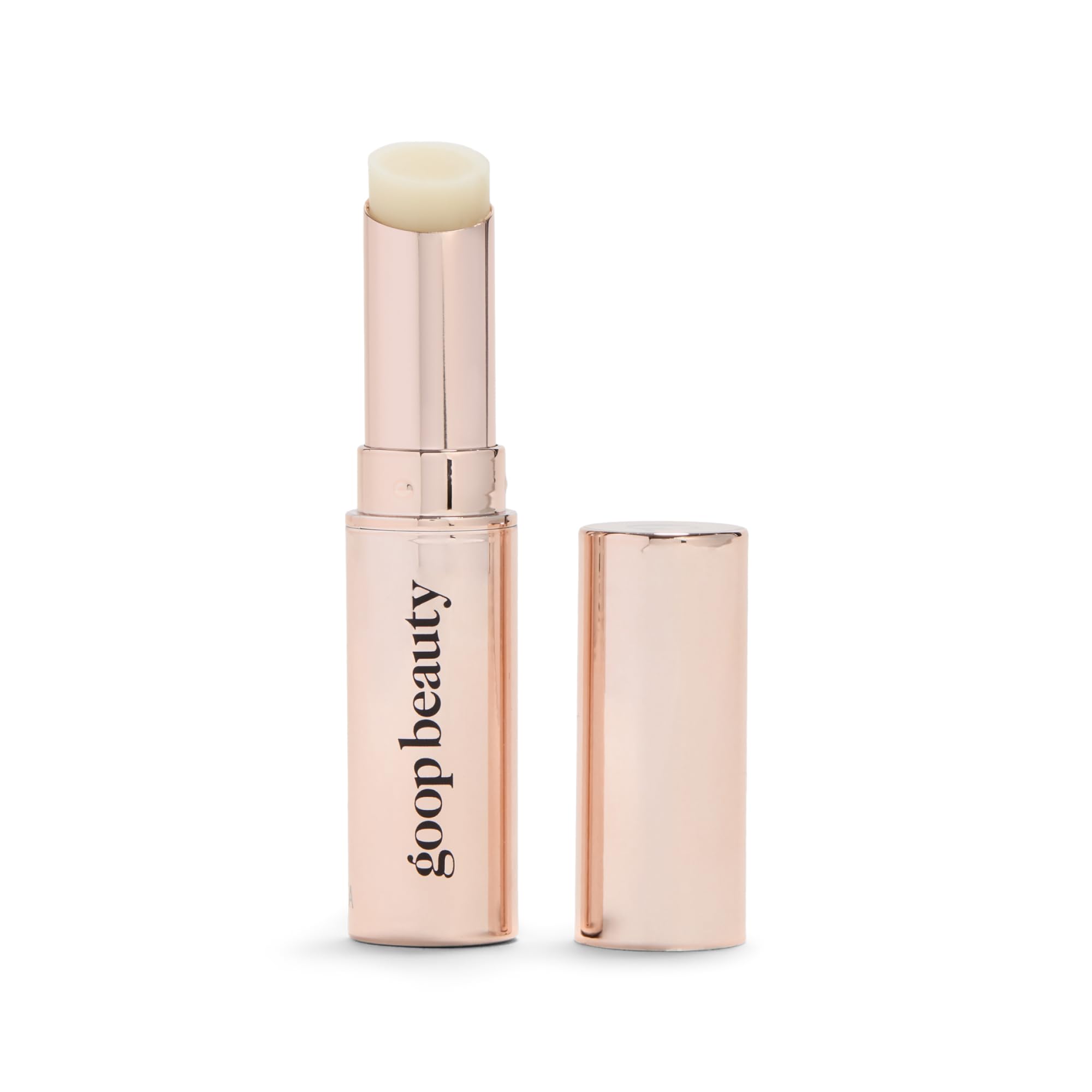 Goop Beauty Clean Lip Balm jar shows creamy texture for dry lips