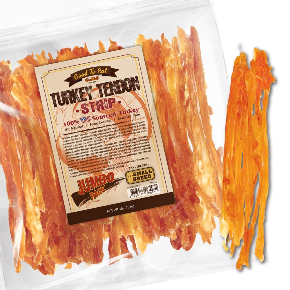 Gootoe USA-sourced turkey tendons for dogs in a 1 lb pack, long-lasting chews.
