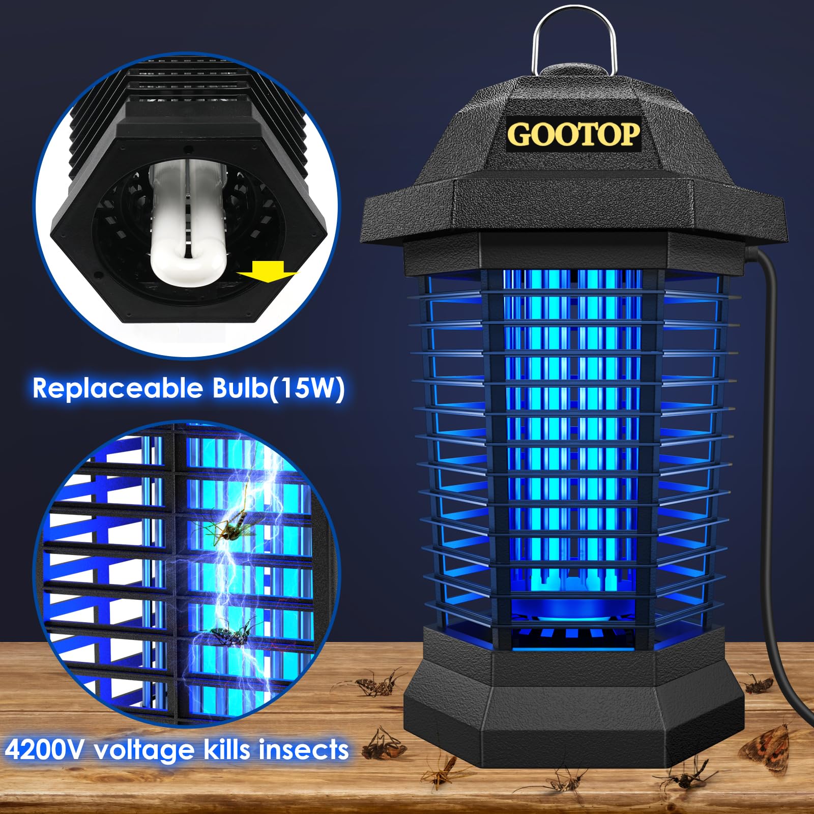 GOOTOP Bug Zapper operating at night, attracting and zapping flying insects.