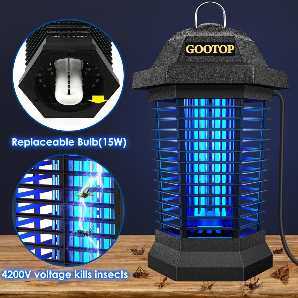 GOOTOP Bug Zapper operating at night, attracting and zapping flying insects.