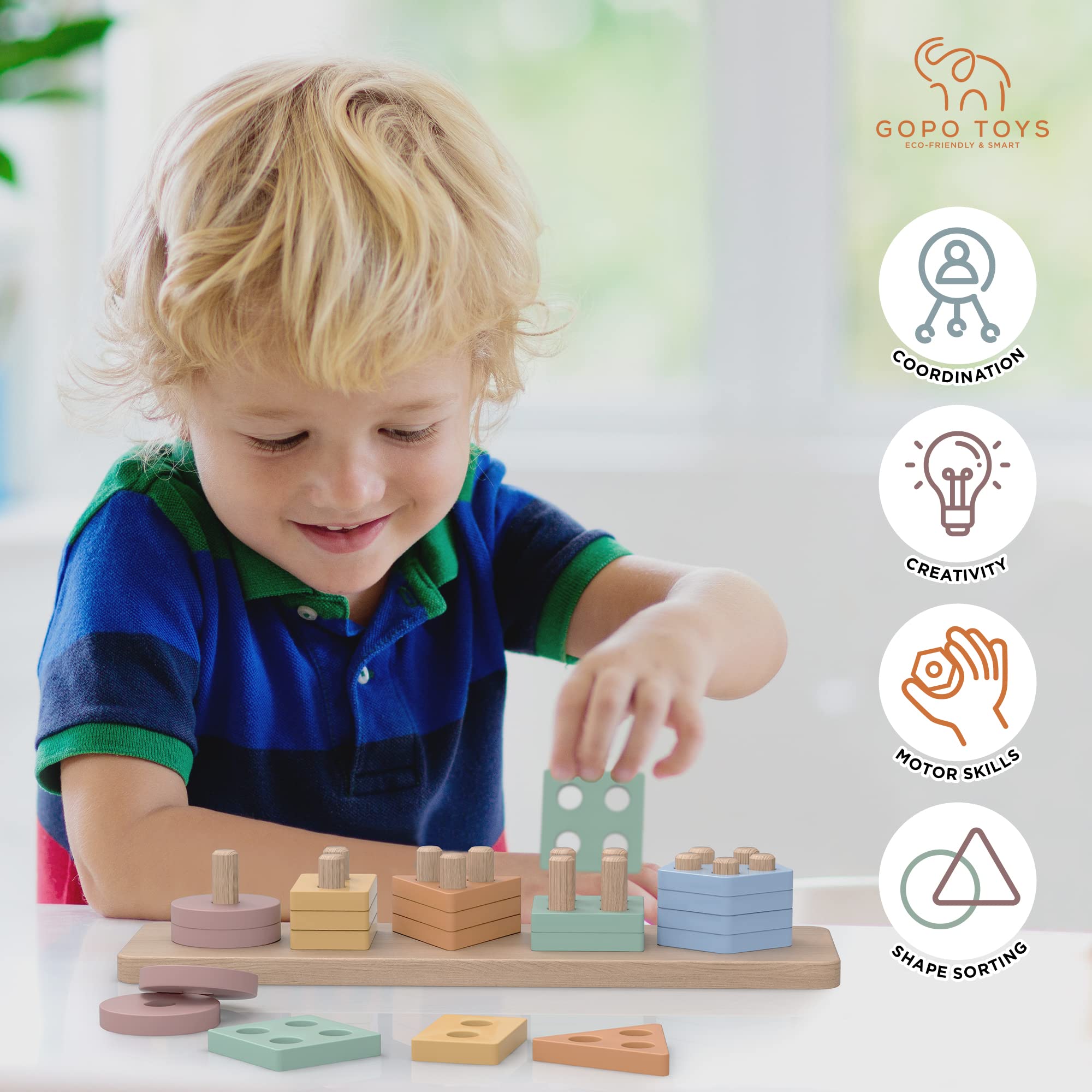 GOPO TOYS wooden shapes and colors reinforce shape and color recognition.