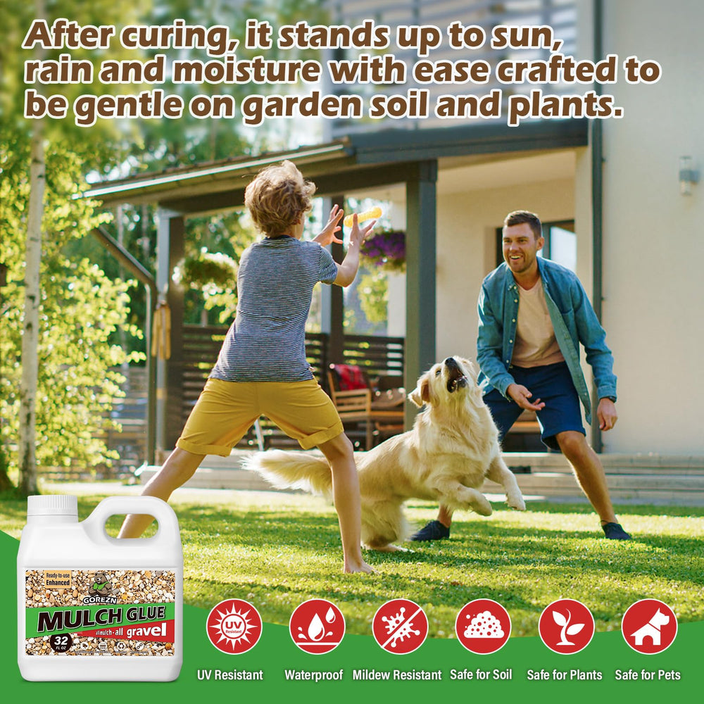 GoRezn Mulch Glue label close-up signaling water-based, low-odor formula for gardens