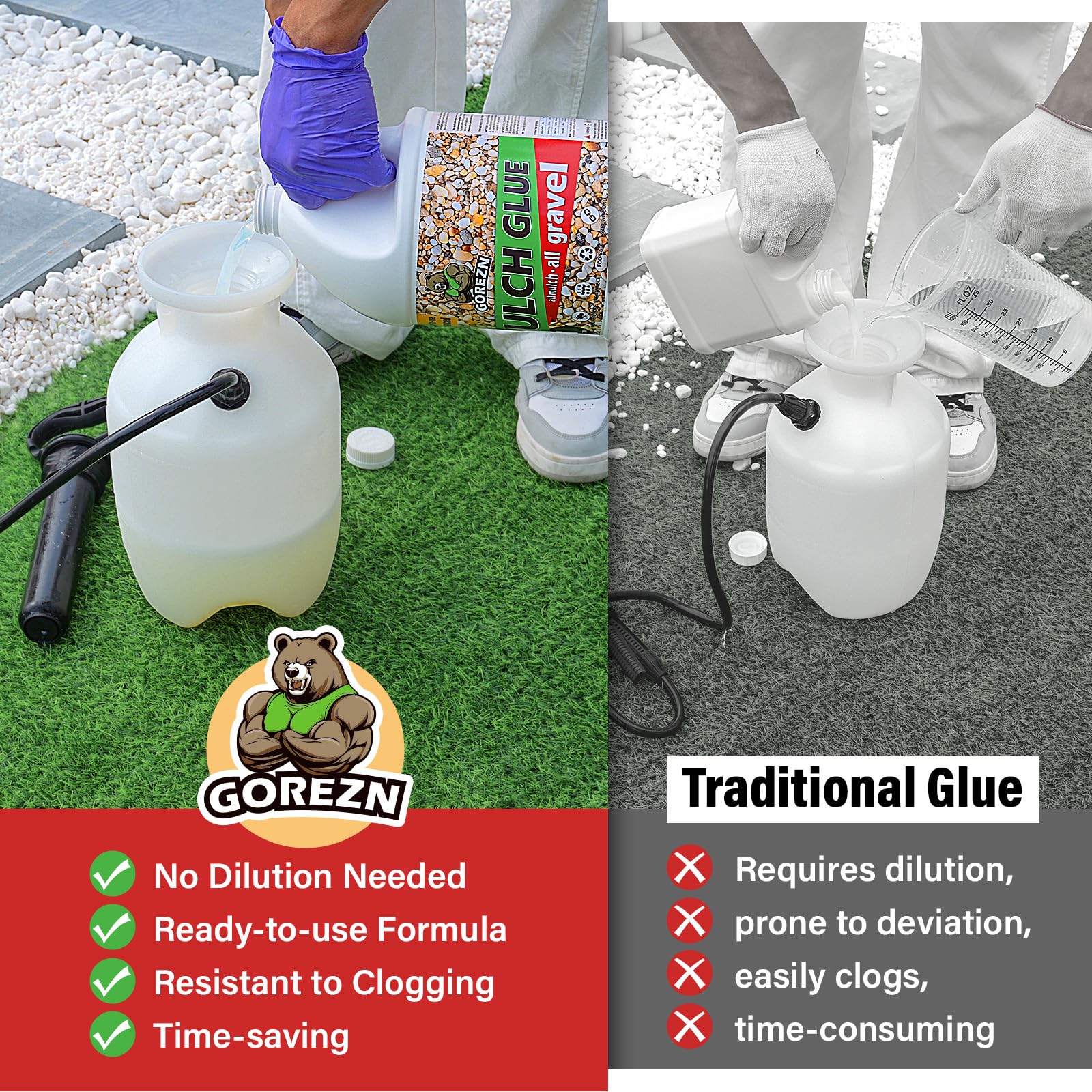 GoRezn Mulch Glue spray-action demonstrates quick, even coverage for rock and gravel