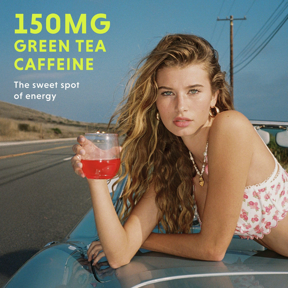 GORGIE green tea caffeine label highlights a 150mg boost.