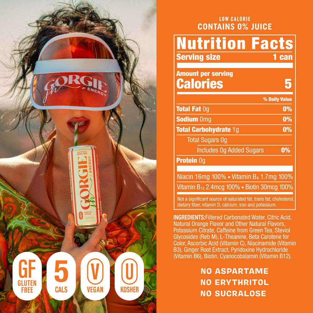 GORGIE Sugar Free Orange Twist can—chilled and bubbly for a zero sugar energy boost.