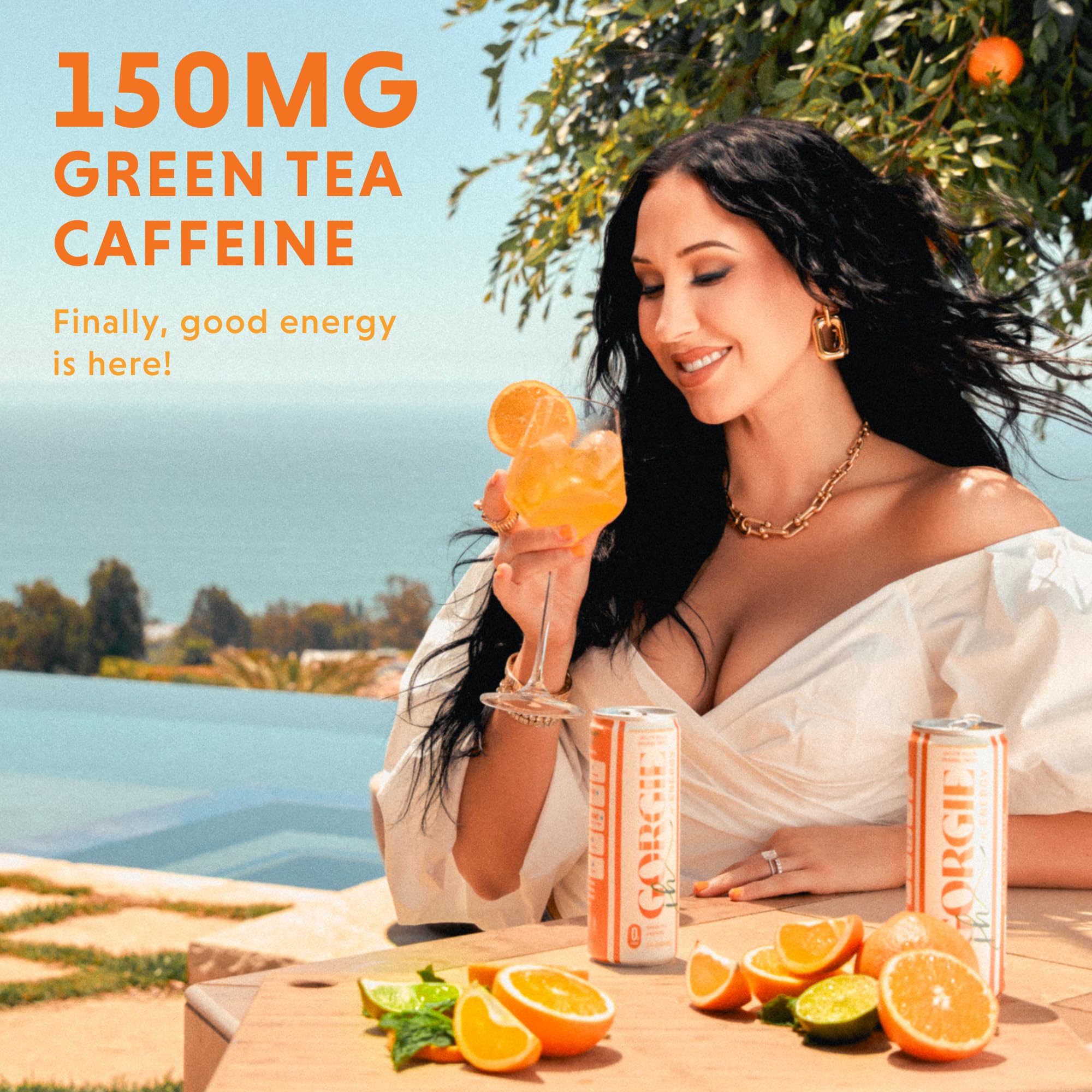 GORGIE Orange Twist label close-up highlighting natural flavors and clean green tea caffeine.