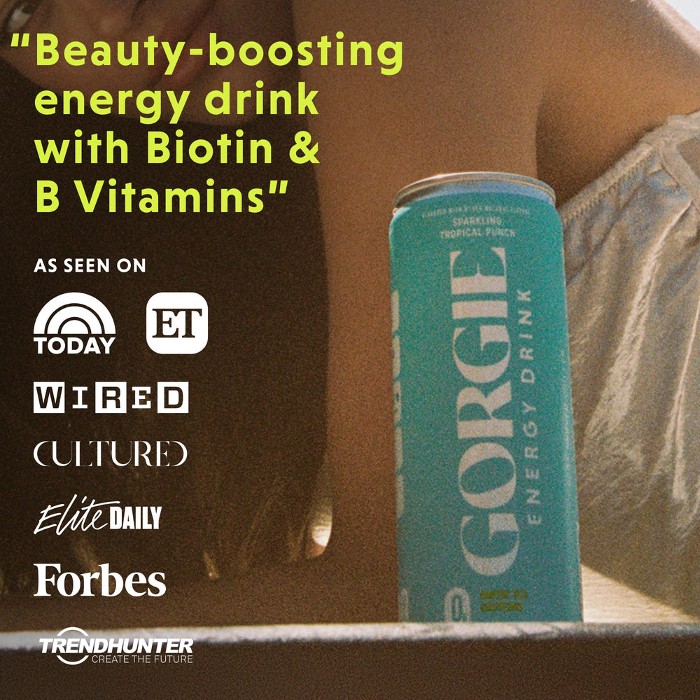 GORGIE Tropical Variety label closeup highlights low calories and sugar-free formula