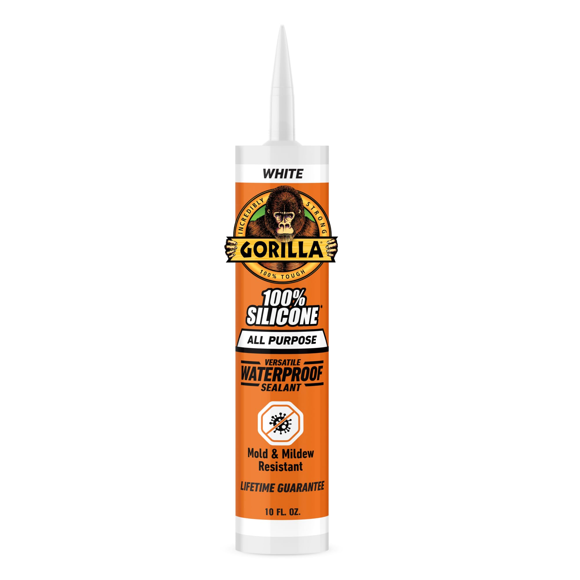 GORILLA 100% silicone waterproof caulk packaging for versatile indoor and outdoor repair.