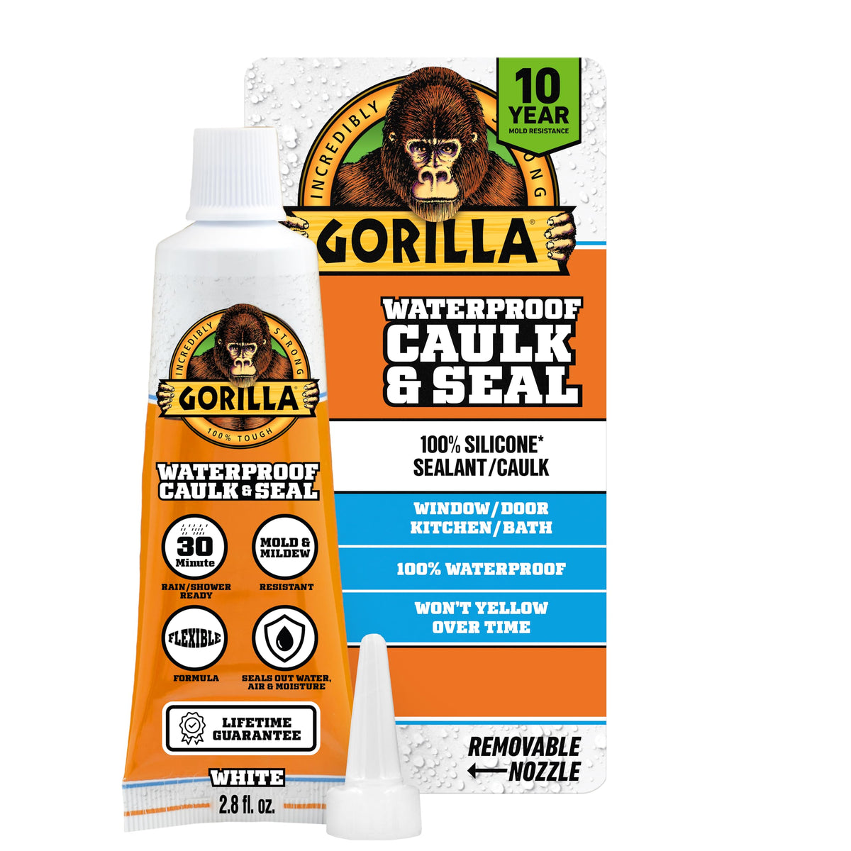 GORILLA 100% silicone caulk white tube for quick waterproof sealing on surfaces.