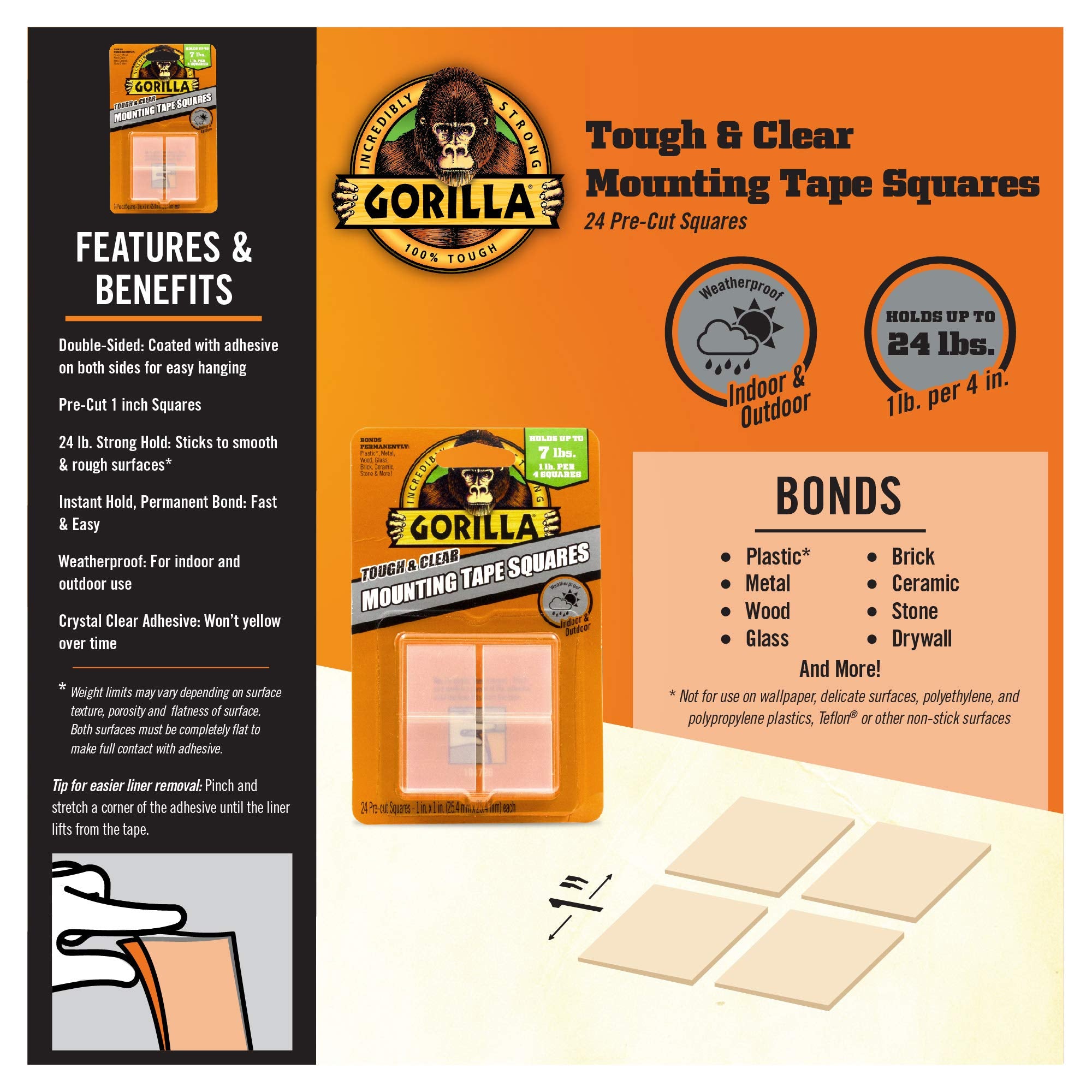 Gorilla adhesive squares on wood or brick surfaces provide durable indoor-outdoor mounting