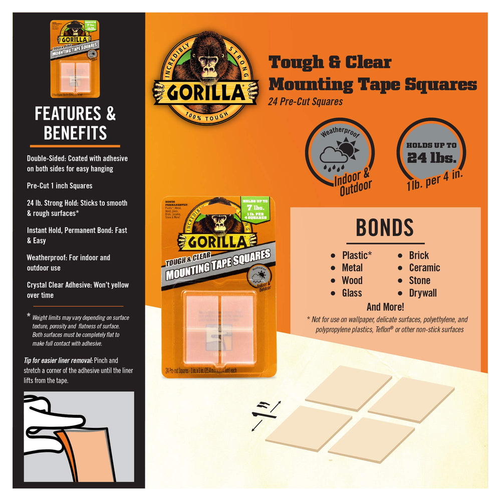 Gorilla adhesive squares on wood or brick surfaces provide durable indoor-outdoor mounting
