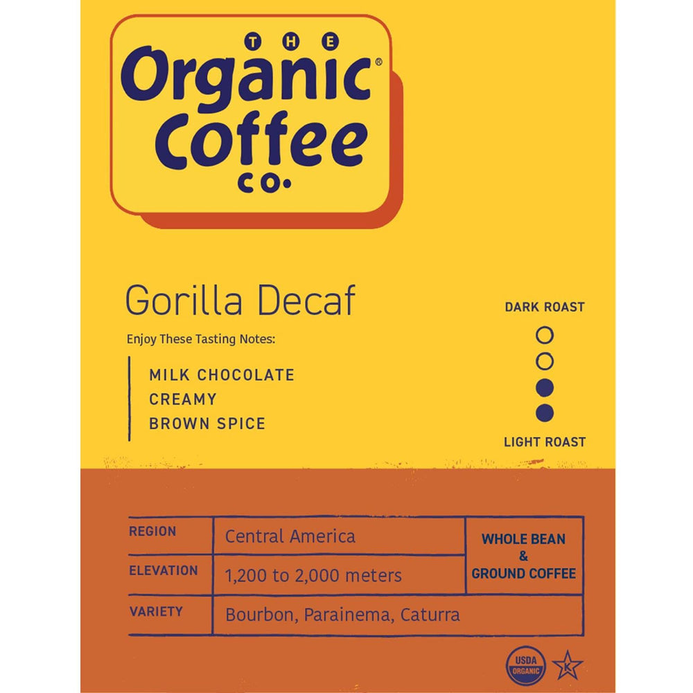 Gorilla Decaf medium-light roast from Central America delivering balanced flavor.
