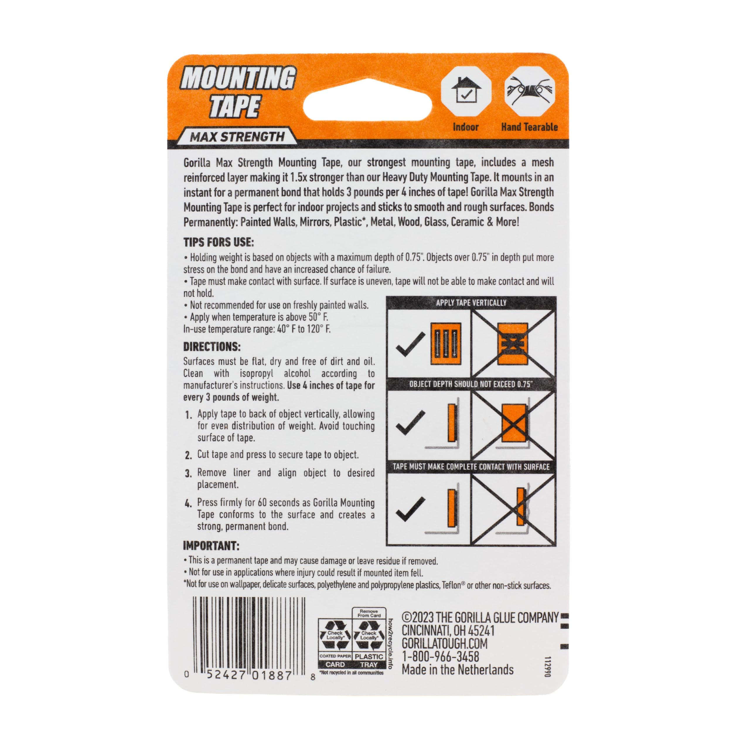 Gorilla Max Strength Mounting Tape comes in a 1x60 inch roll for larger jobs