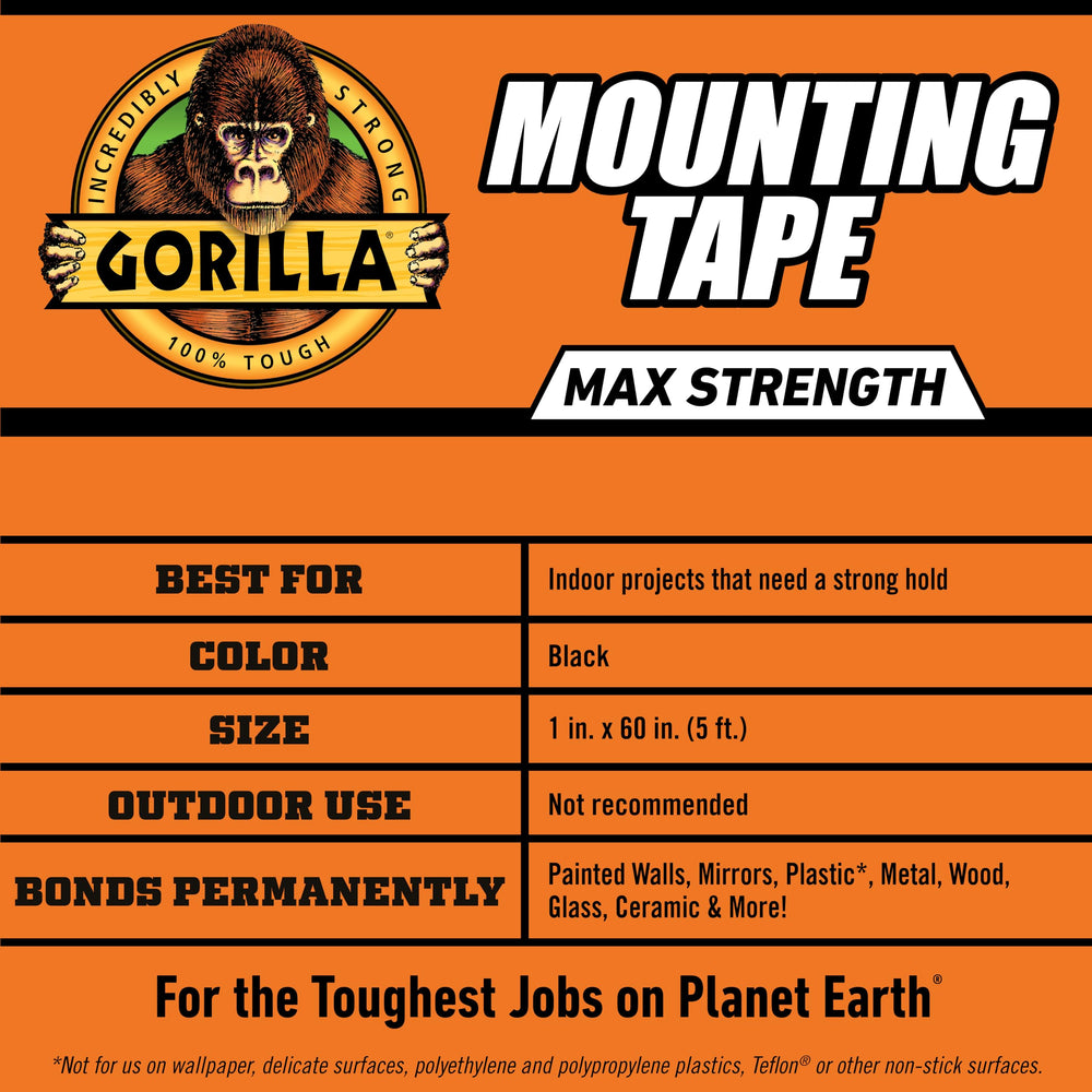 Gorilla Max Strength Mounting Tape ideal for metal, wood, glass, and ceramic mounting
