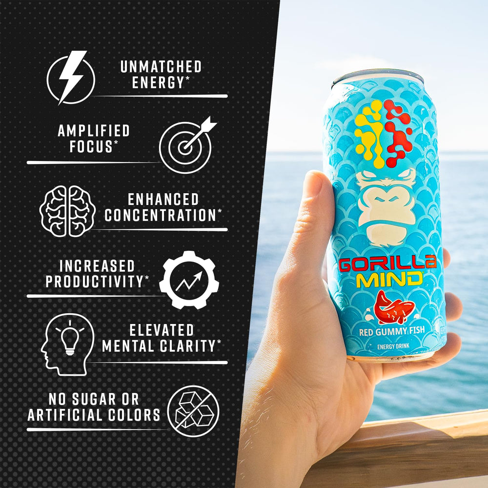 Gorilla Mind Energy Drink 12-pack display on shelf for easy purchase