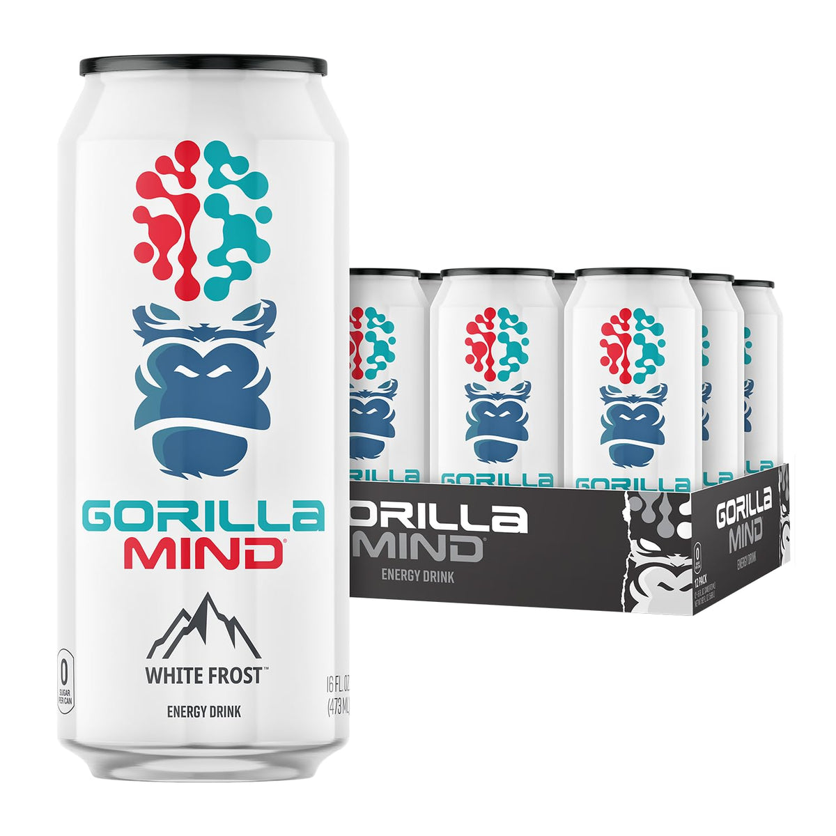 Gorilla Mind Energy Drink bottle front in White Frost, bold branding for energy