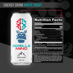 Gorilla Mind Energy Drink bottle side view, White Frost, ready for daytime focus