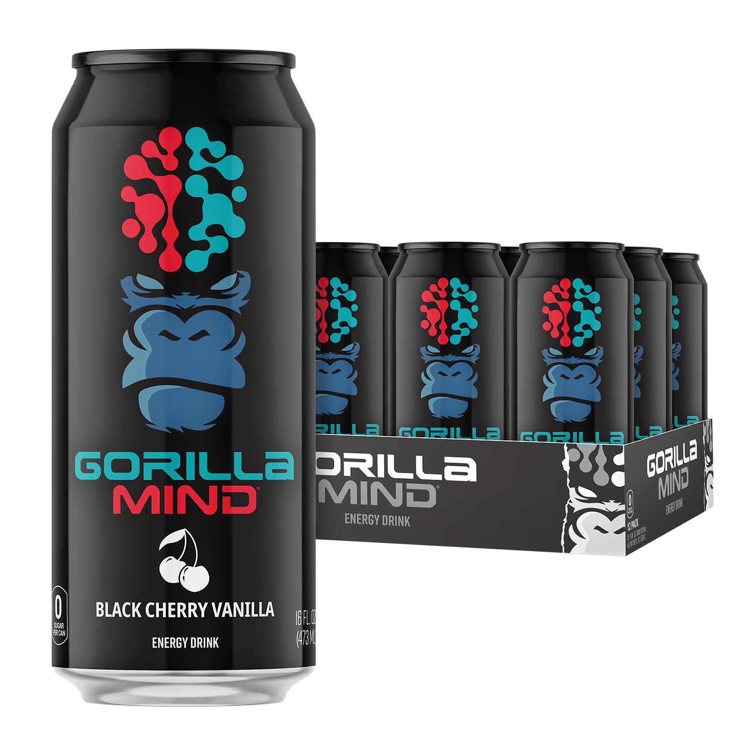 Gorilla Mind Energy Drink can in Black Cherry Vanilla for sugar-free energy.