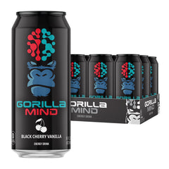 Gorilla Mind Energy Drink can in Black Cherry Vanilla for sugar-free energy.