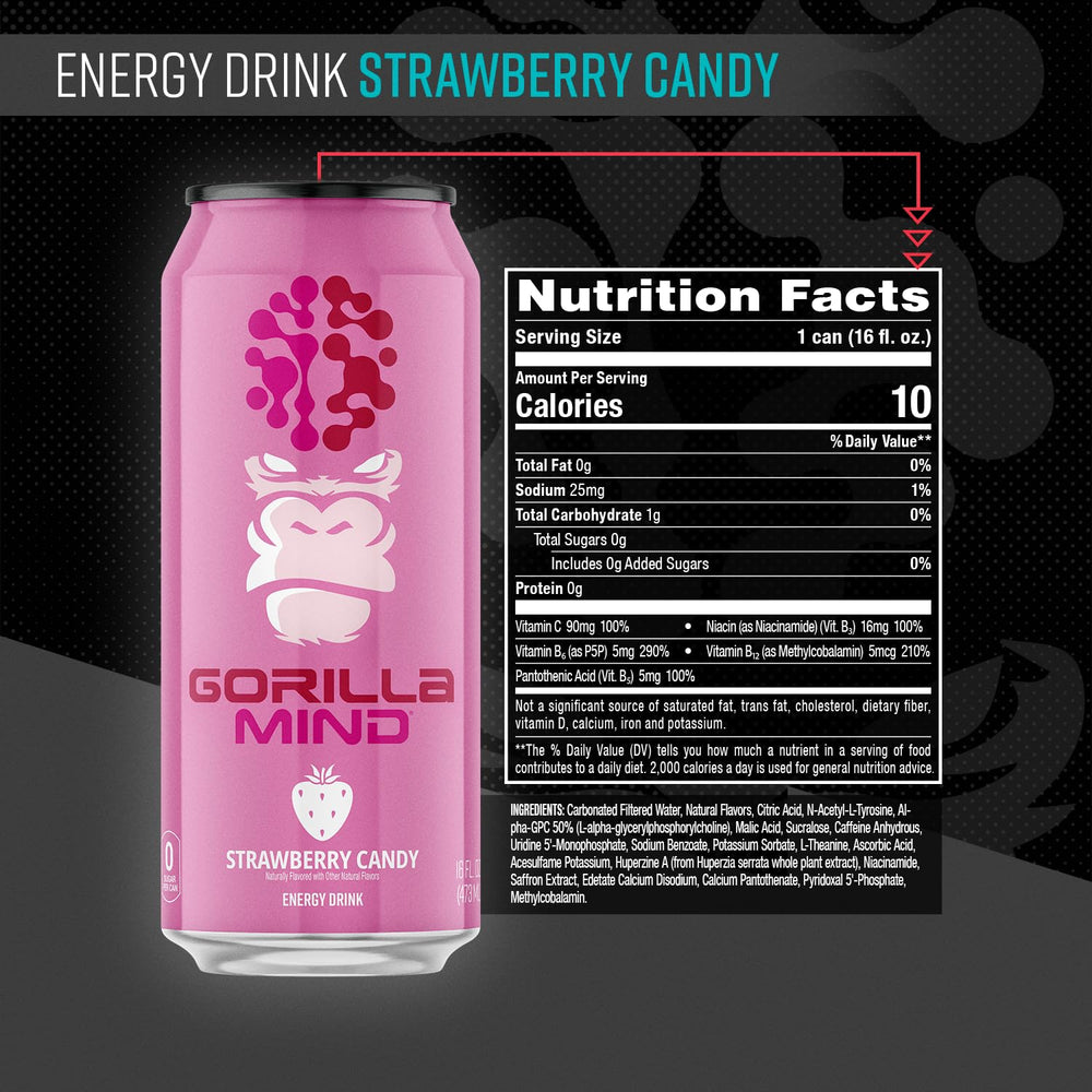 Gorilla Mind Energy Drink can side angle showing modern label and zero sugar