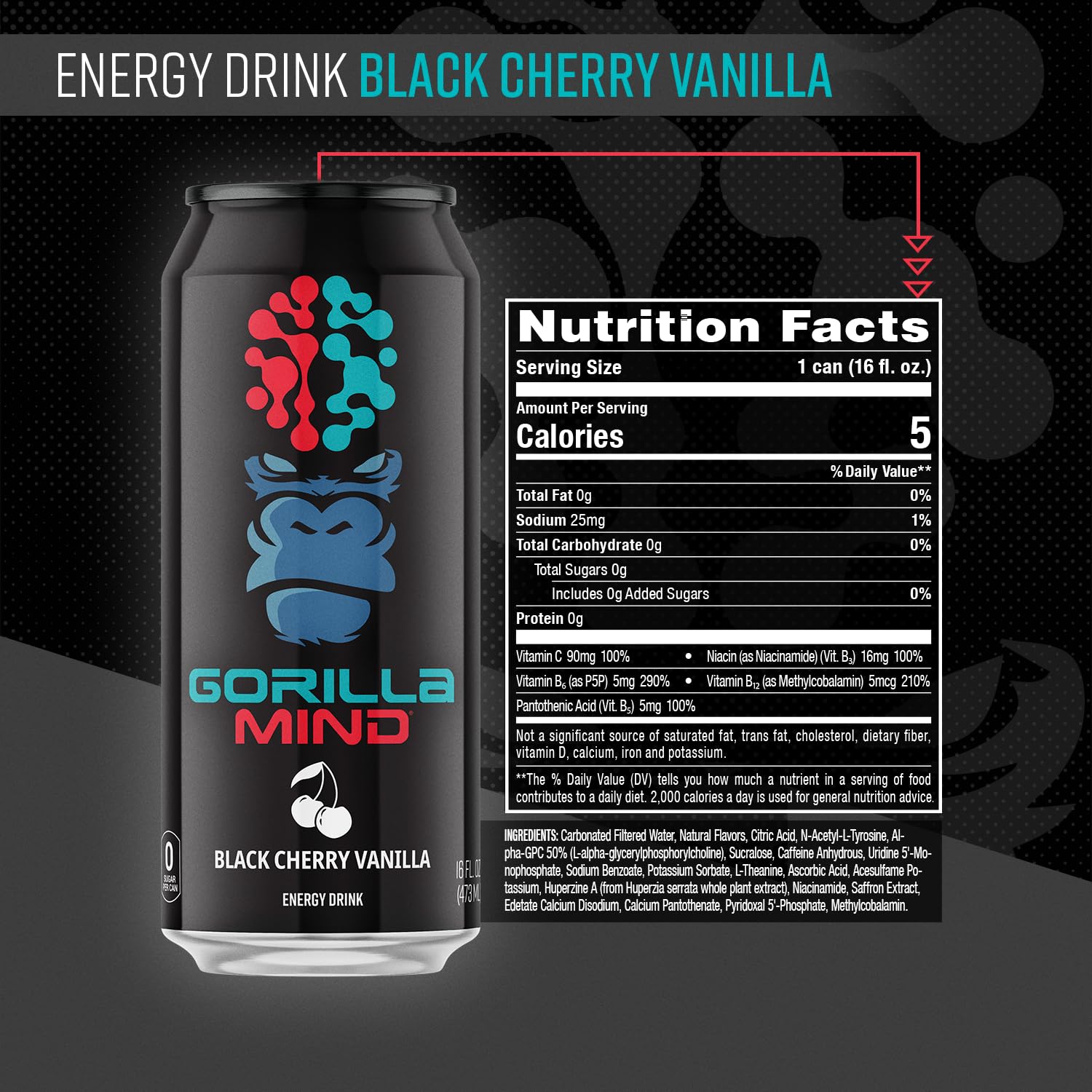 Close-up of Gorilla Mind Energy Drink label highlighting nootropics for focus.