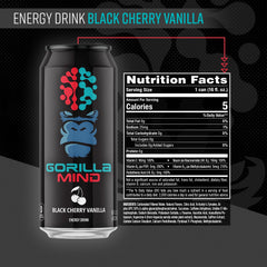 Close-up of Gorilla Mind Energy Drink label highlighting nootropics for focus.