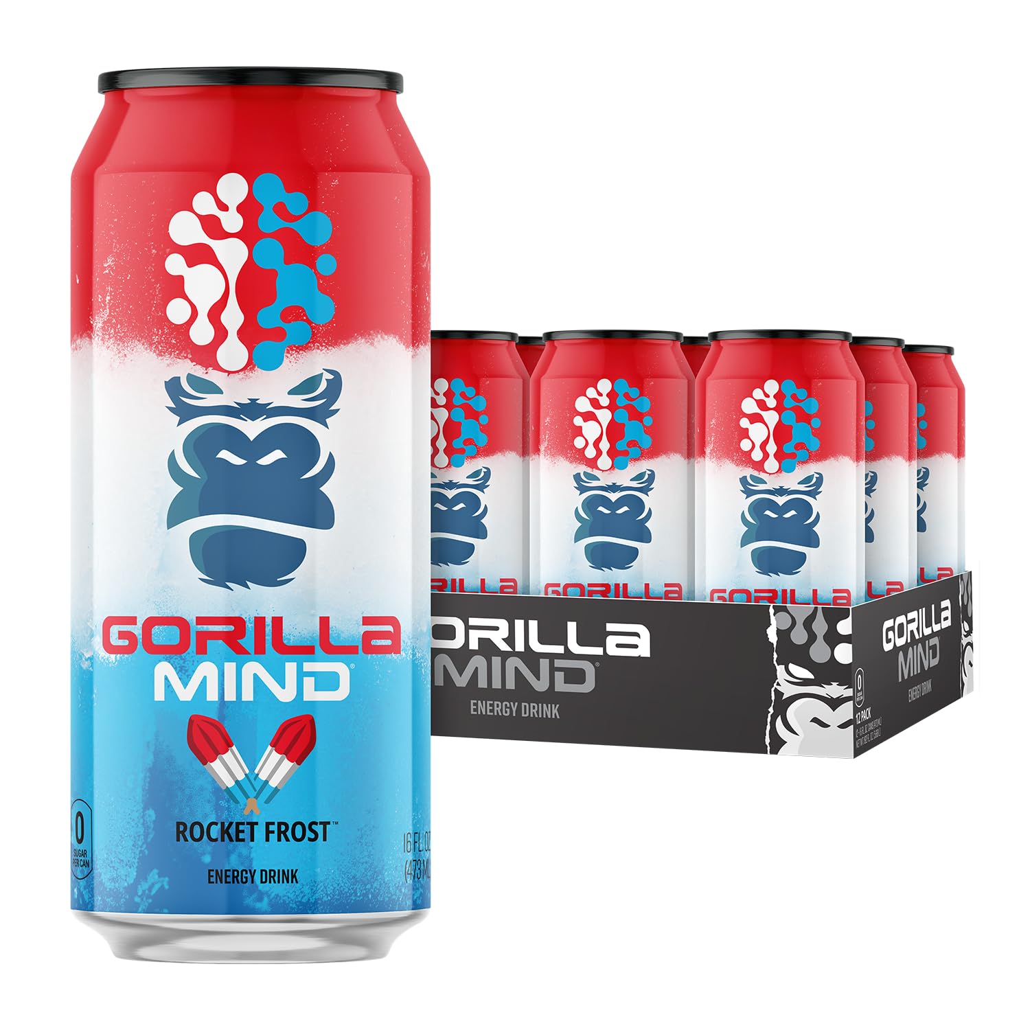 Gorilla Mind Energy Rocket Frost can front view highlights sugar-free formula for clear energy.