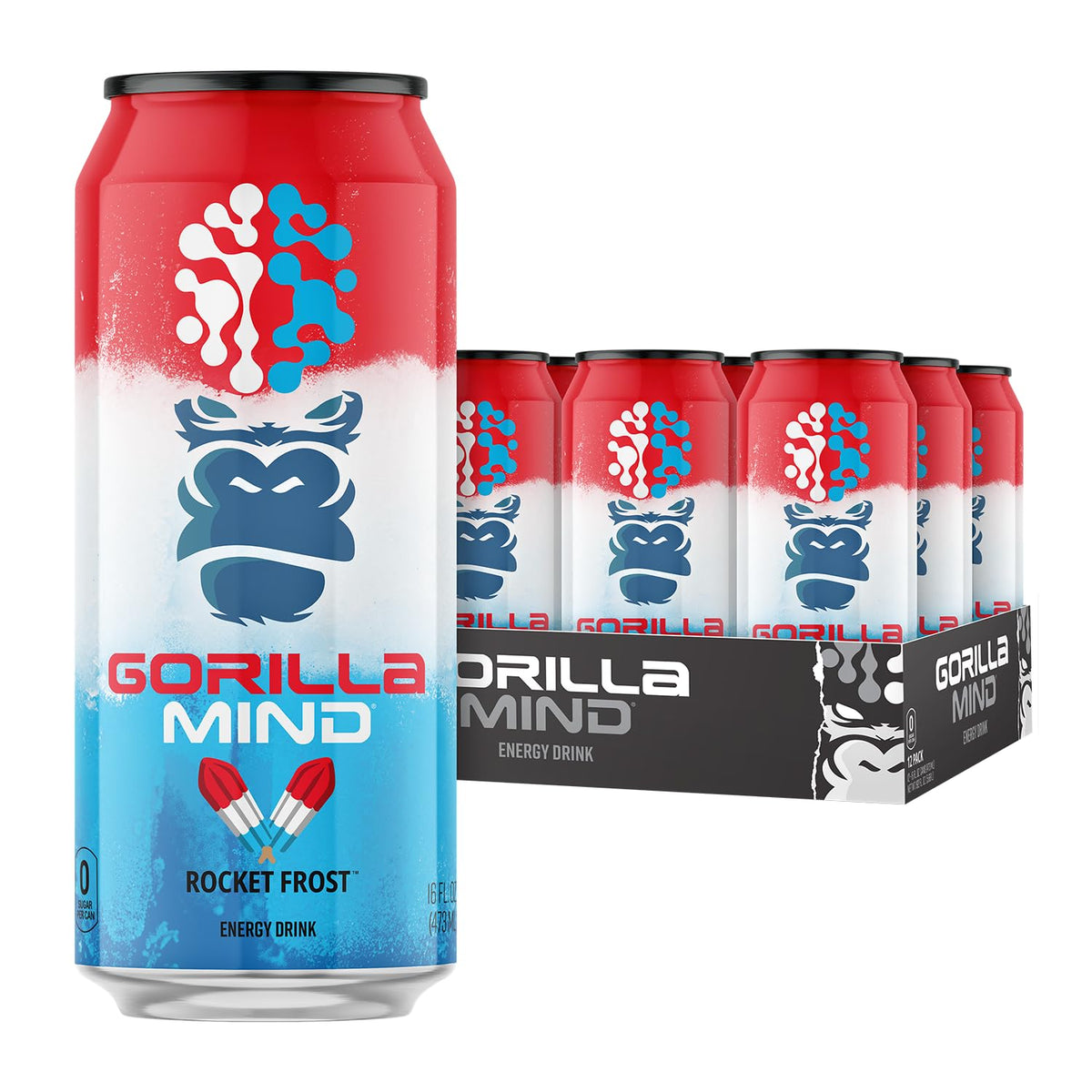 Gorilla Mind Energy Rocket Frost can front view highlights sugar-free formula for clear energy.