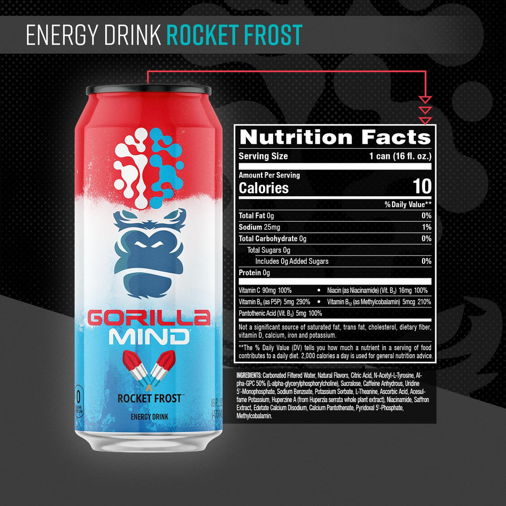 Gorilla Mind Energy Rocket Frost can side displays ingredients supporting focus and alertness.