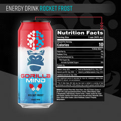 Gorilla Mind Energy Rocket Frost can side displays ingredients supporting focus and alertness.