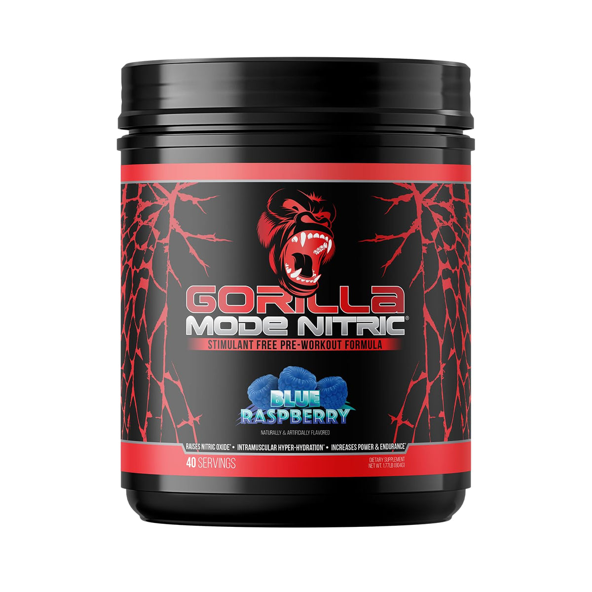 Gorilla Mind Gorilla Mode Nitric Upgraded blue raspberry powder for smooth mixing and flavorful pre-workout.