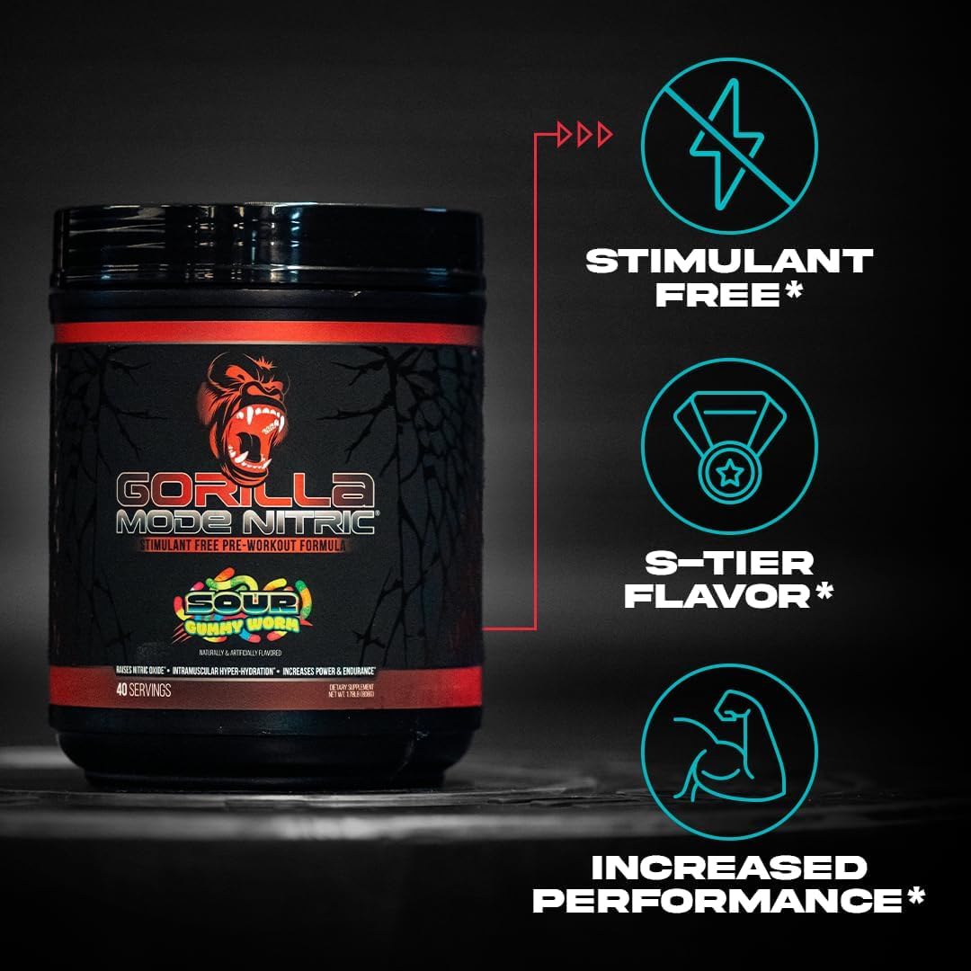 Gorilla Mind Nitric Upgraded powder scoop showcases high-dose citrulline and creatine for pumps.