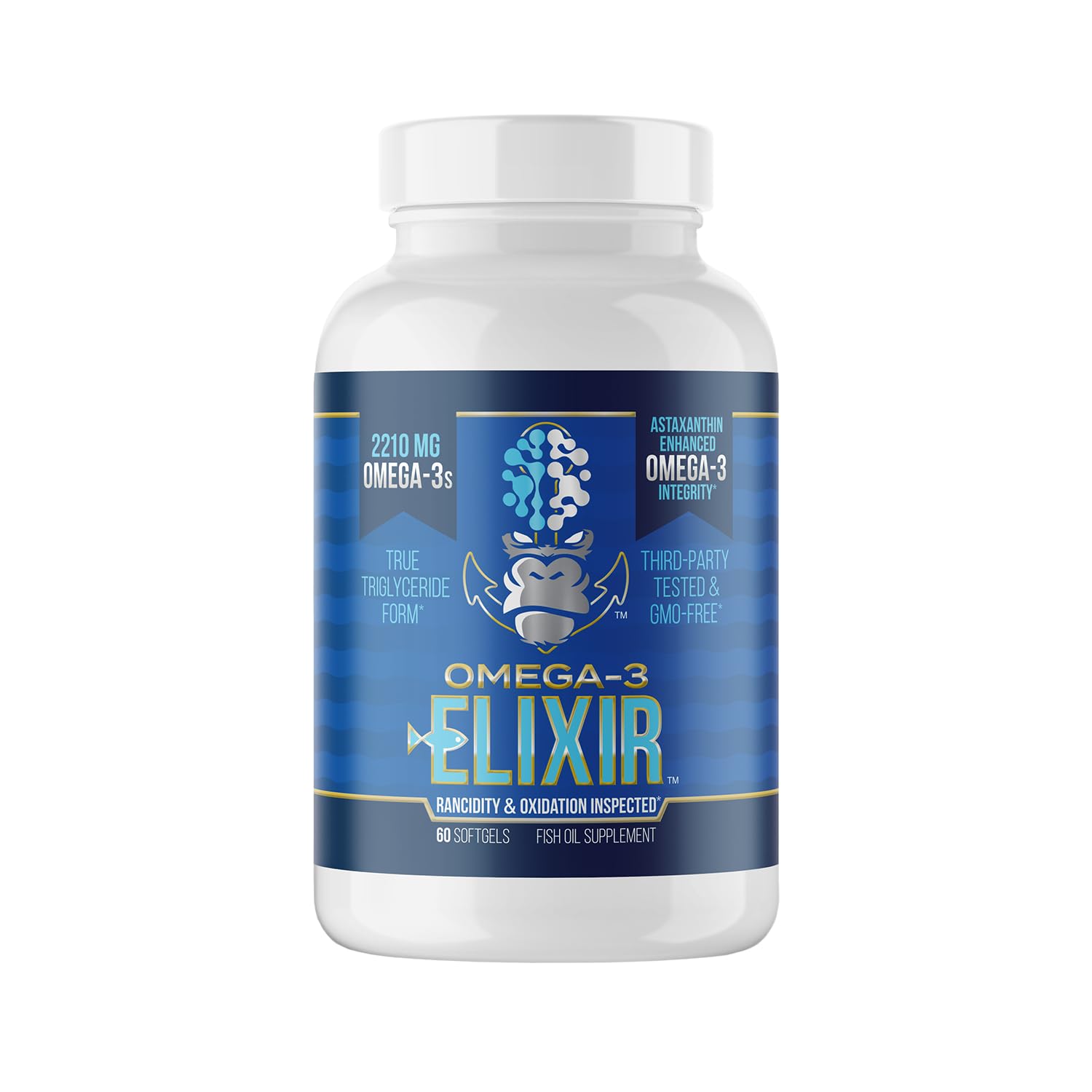 Gorilla Mind Omega-3 Elixir bottle front shows freshness for daily omega-3 support
