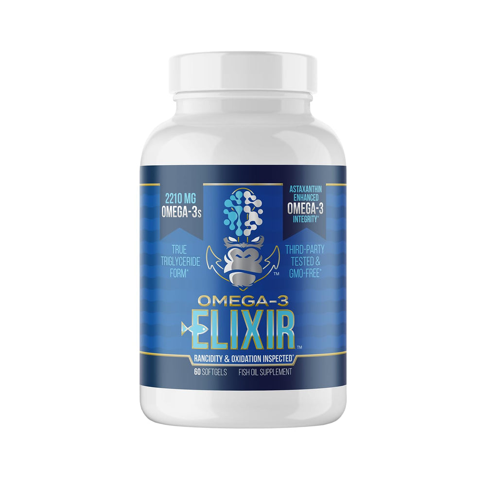 Gorilla Mind Omega-3 Elixir bottle front shows freshness for daily omega-3 support
