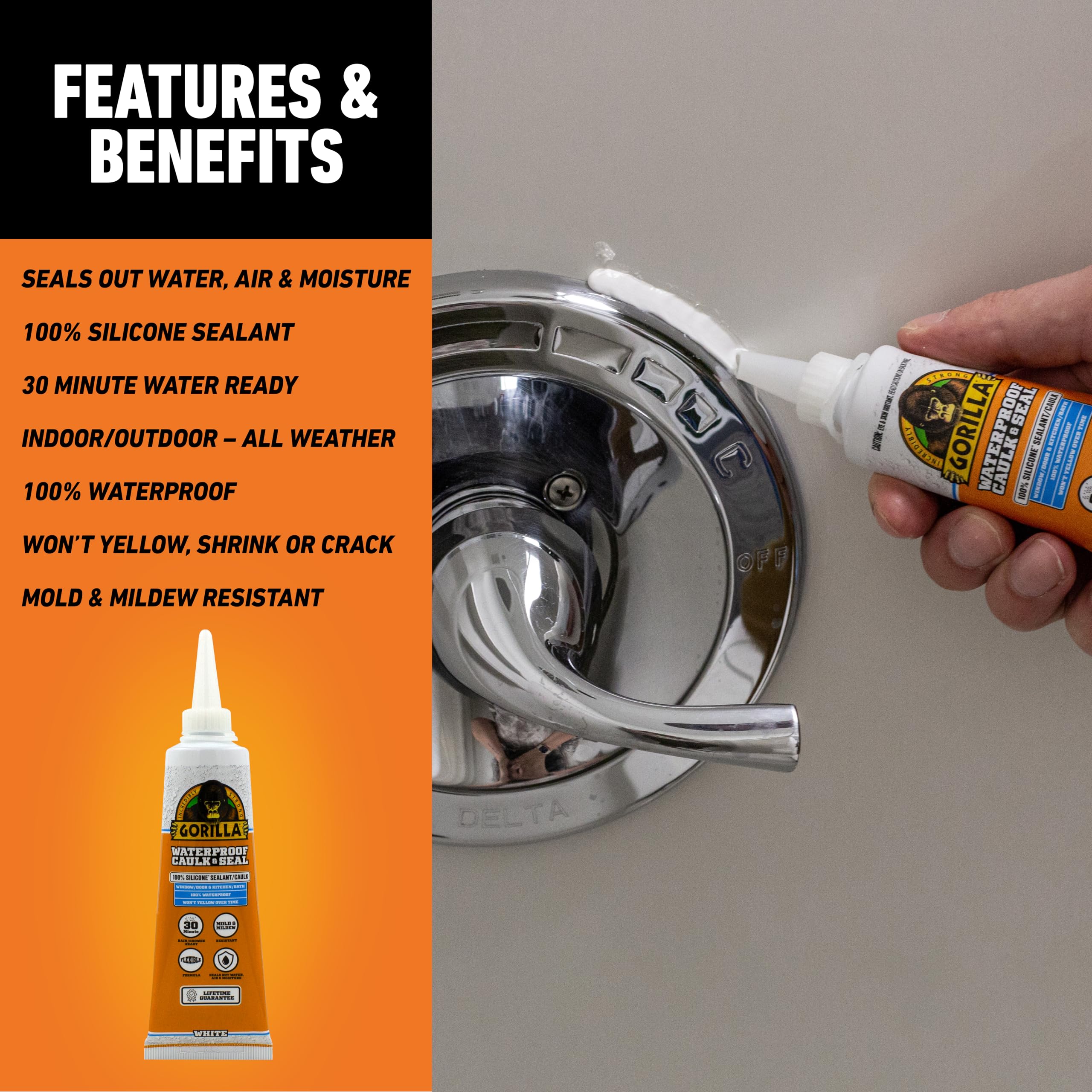 GORILLA mold-resistant sealant used in bathrooms and kitchens.