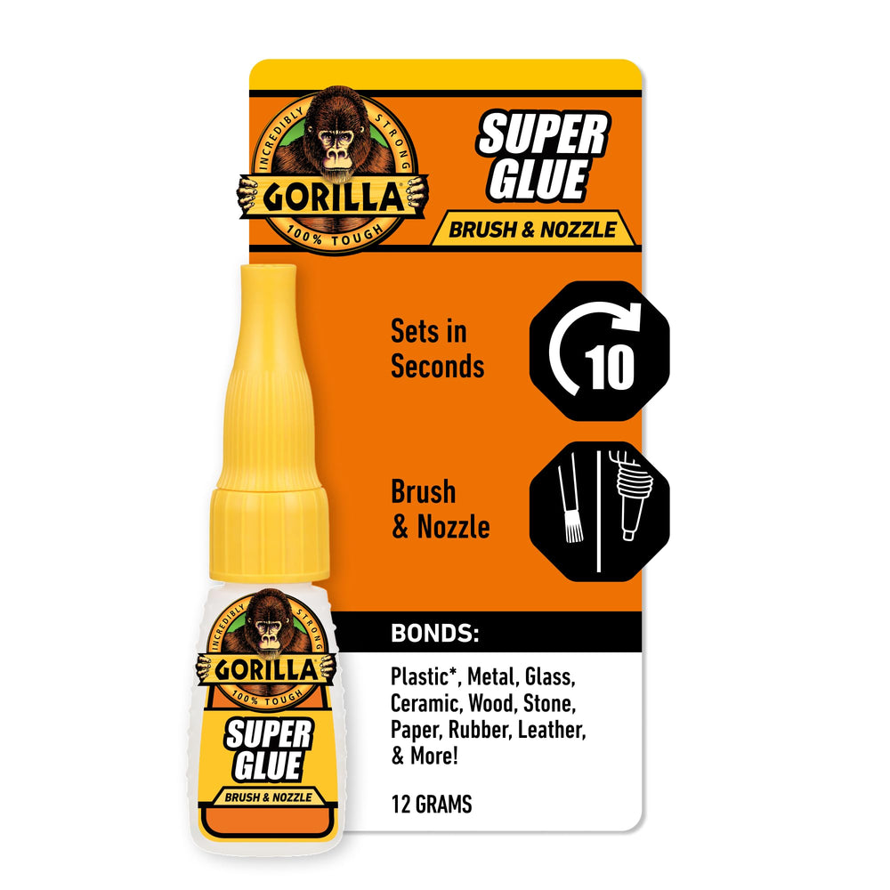 Gorilla Super Glue with Brush and Nozzle for precise, controlled bonding.