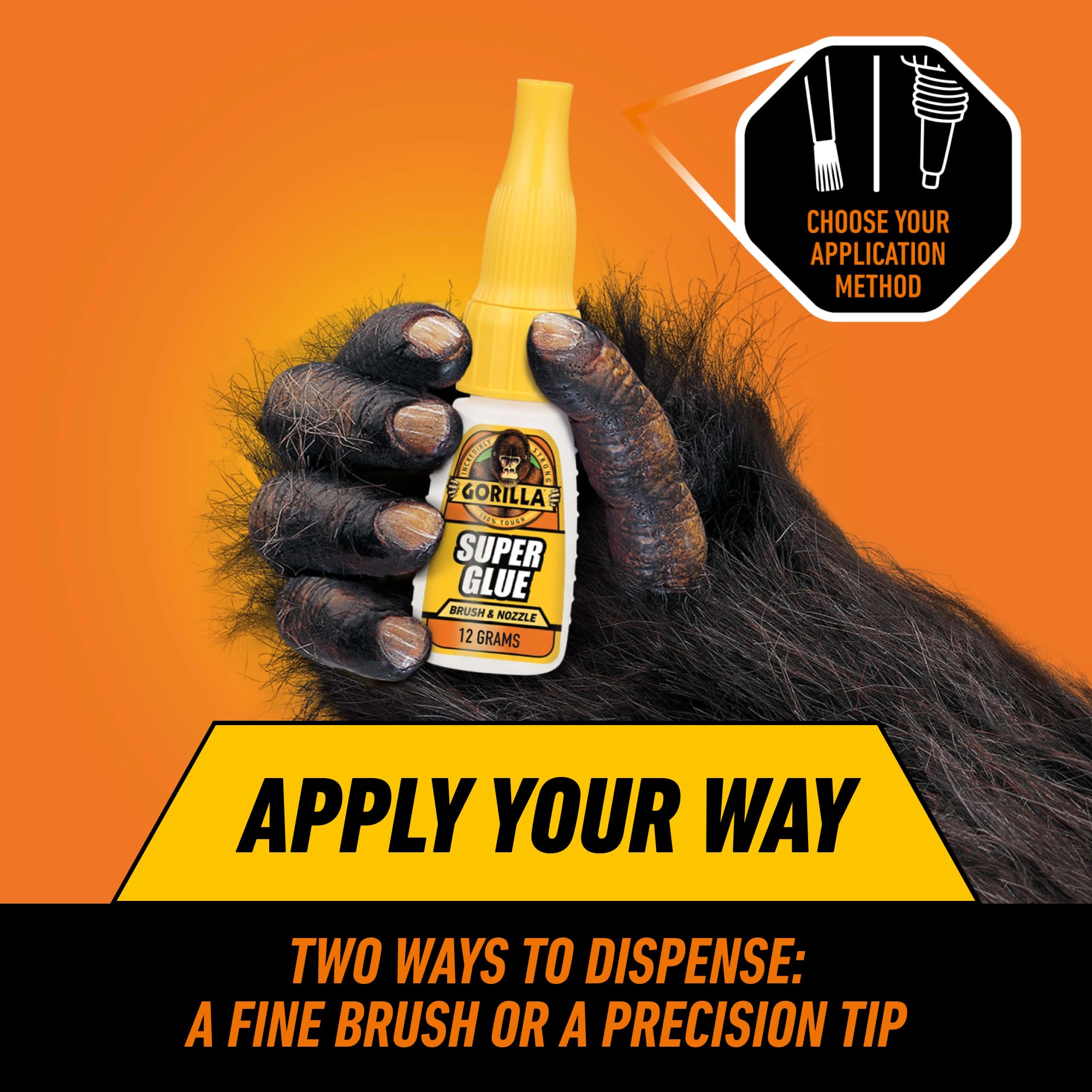 Gorilla Super Glue transparent bottle showing fast setting on metal.
