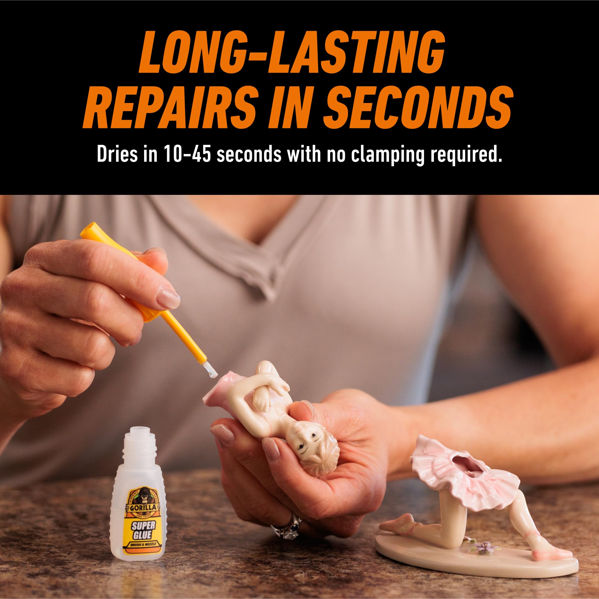 Gorilla Super Glue dual dispensing shows brush and precision nozzle.