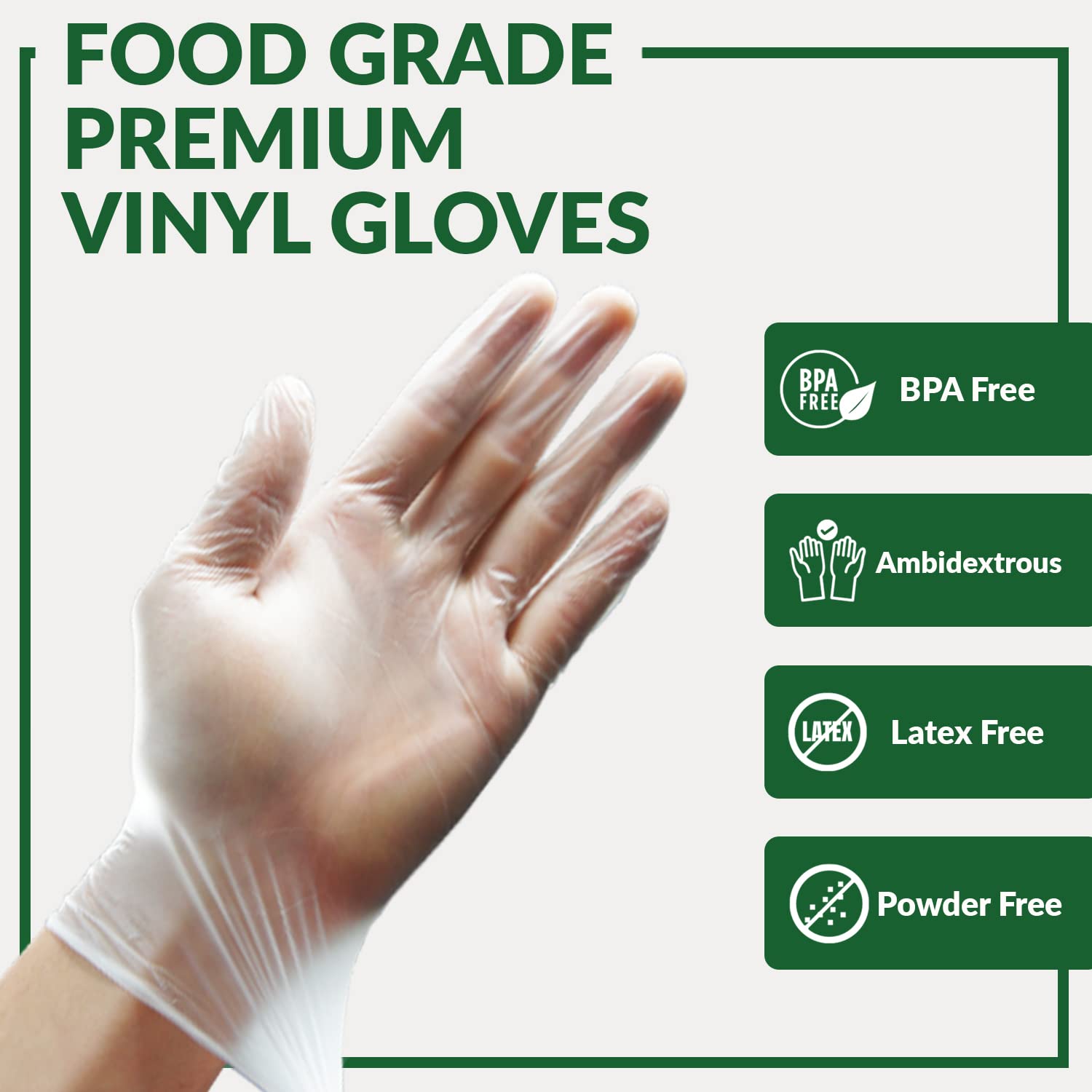 GORILLA SUPPLY vinyl gloves on hand showing ambidextrous fit for all users.