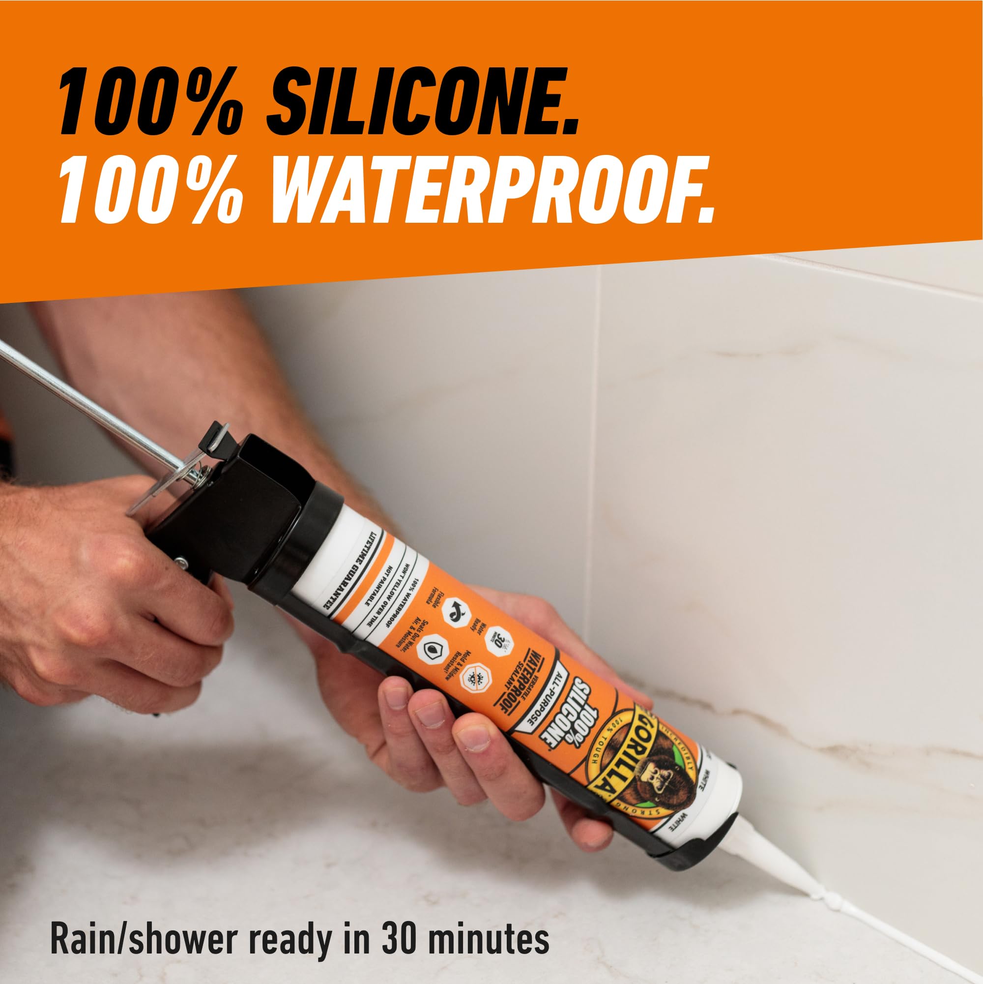 GORILLA white caulk bead ready for a clean, professional finish.