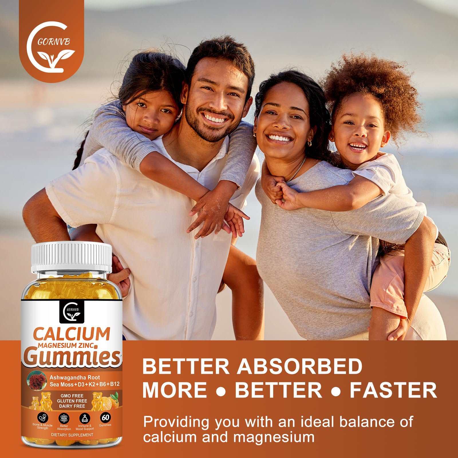 GORNVB Calcium Gummies ashwagandha root image suggests calming support with minerals