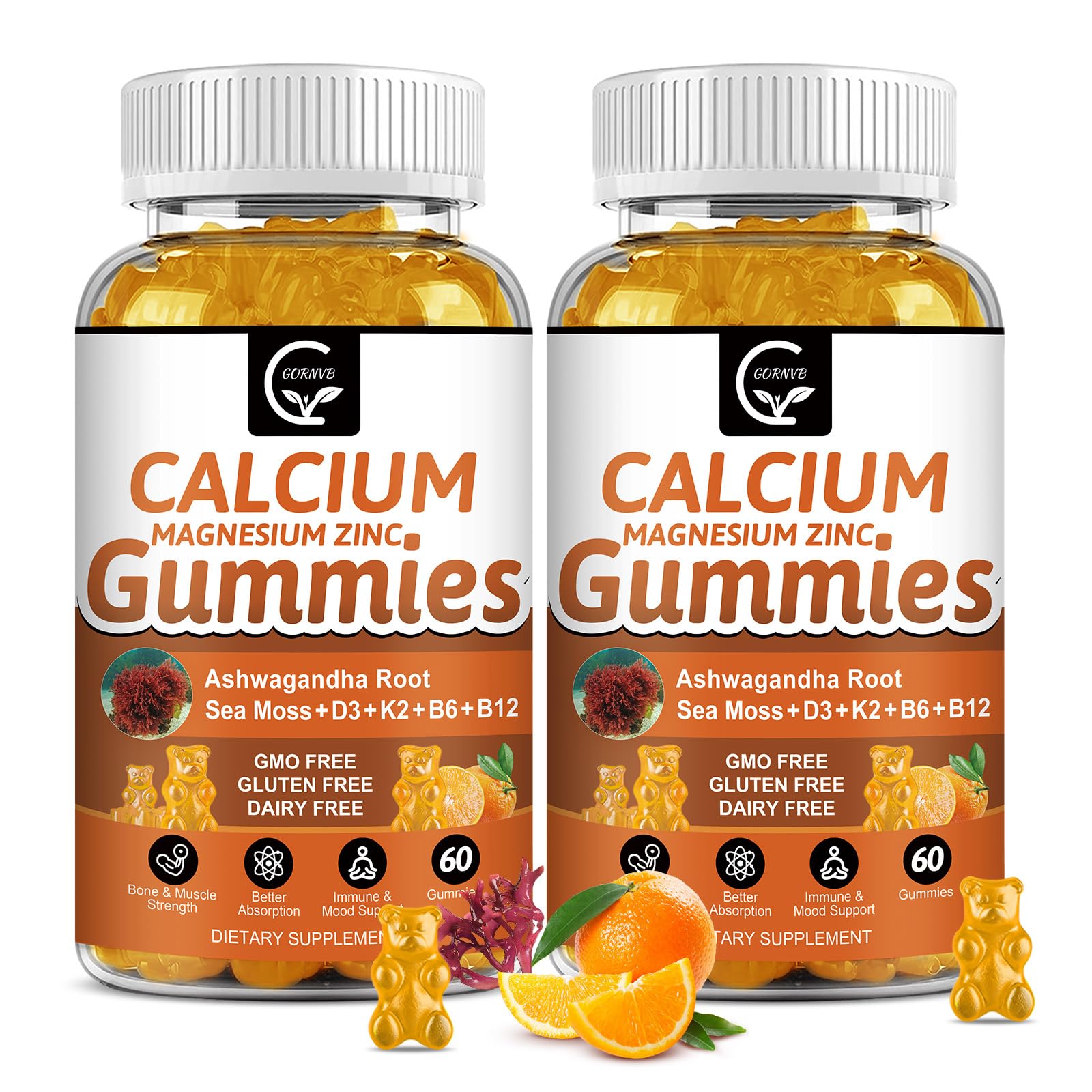 GORNVB Calcium Gummies bottle pour showing easy, sugar-free bone support with orange flavor