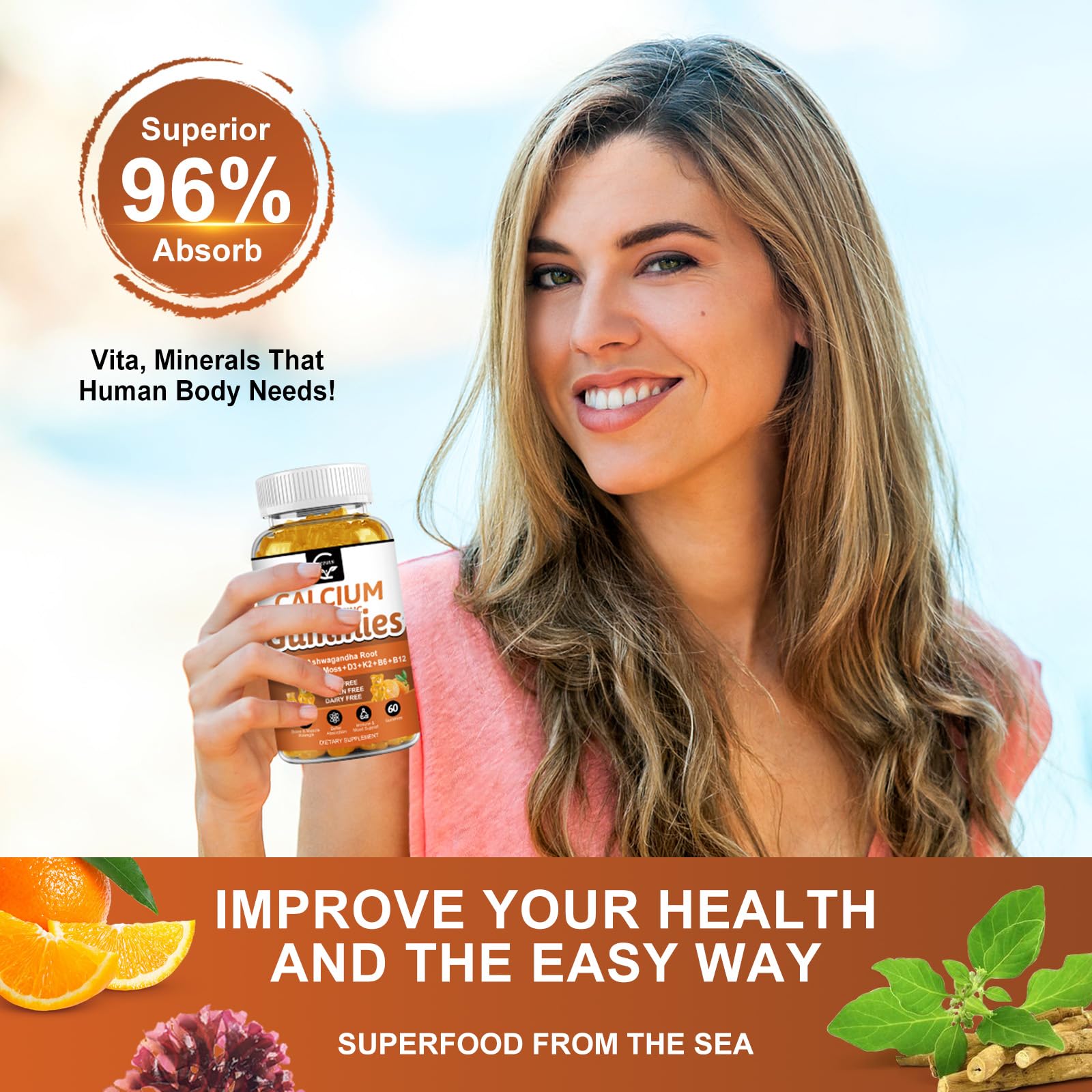 GORNVB Calcium Gummies ingredients label features 14-in-1 plant complex with D3, K2, B vitamins