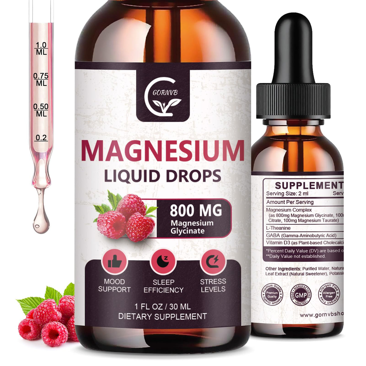 GORNVB Magnesium Drops bottle highlighting raspberry flavor and high absorption.