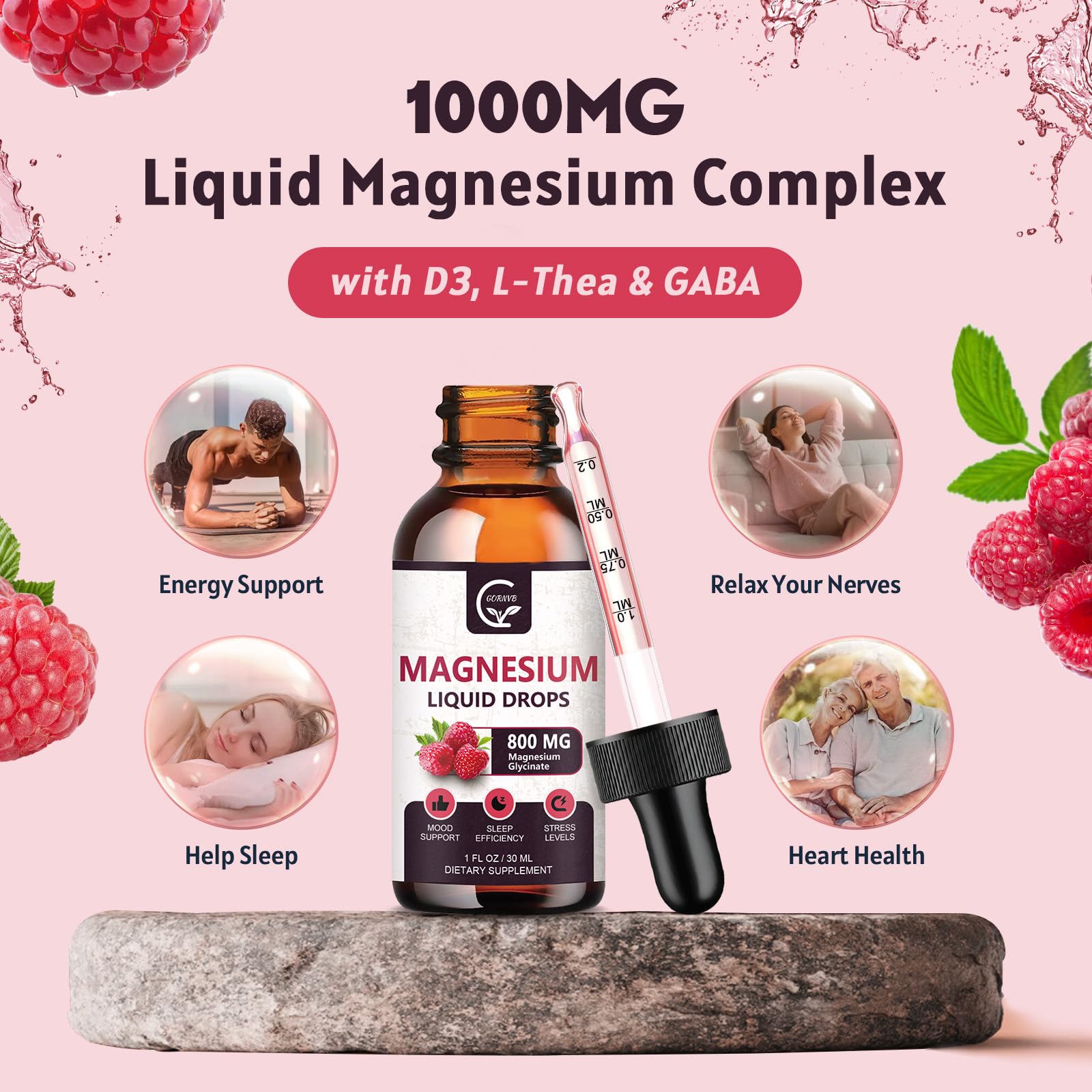 Close-up of GORNVB Raspberry flavor magnesium drops for tasty supplementation.