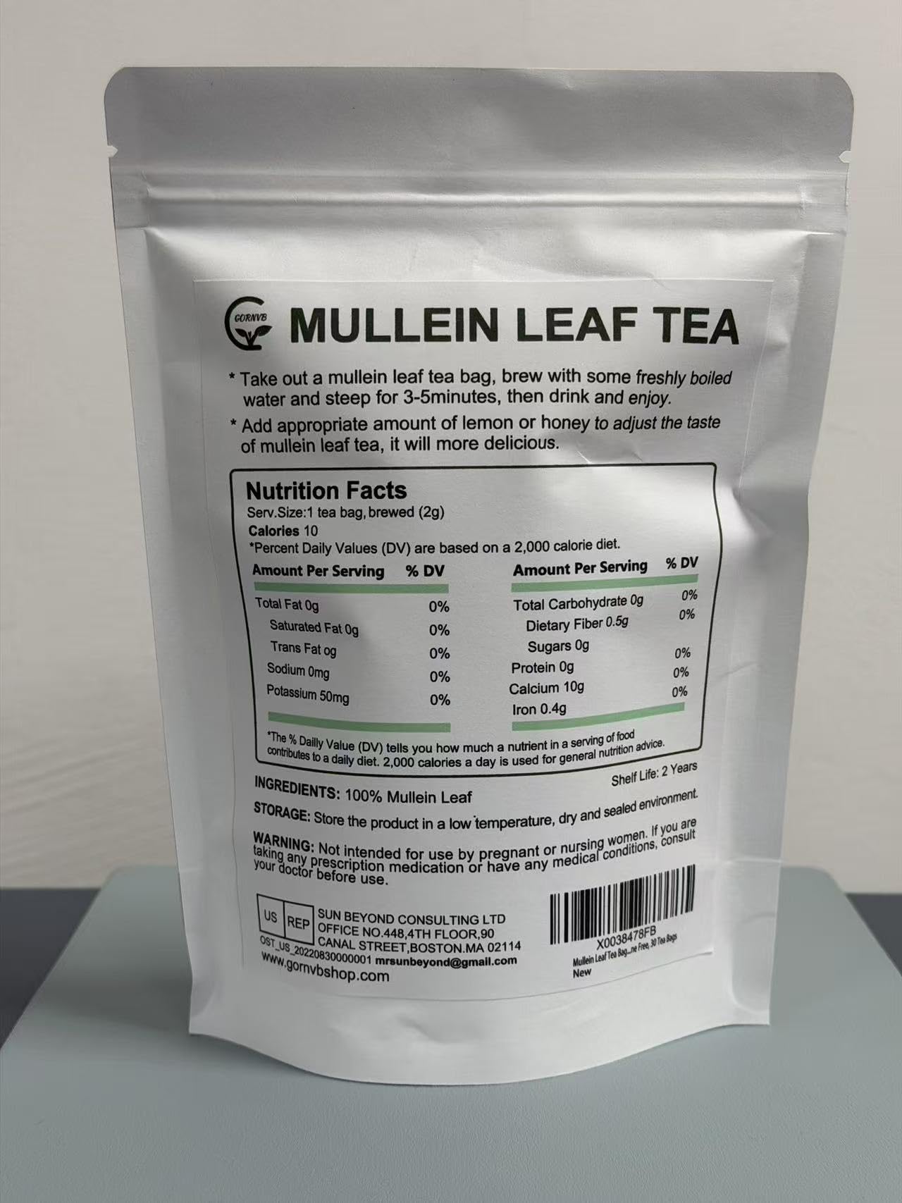 GORNVB mullein tea bag close-up shows dried leaves ready for brewing