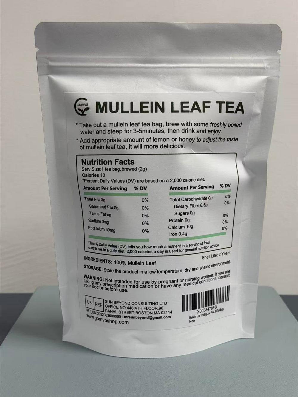 GORNVB mullein tea bag close-up shows dried leaves ready for brewing