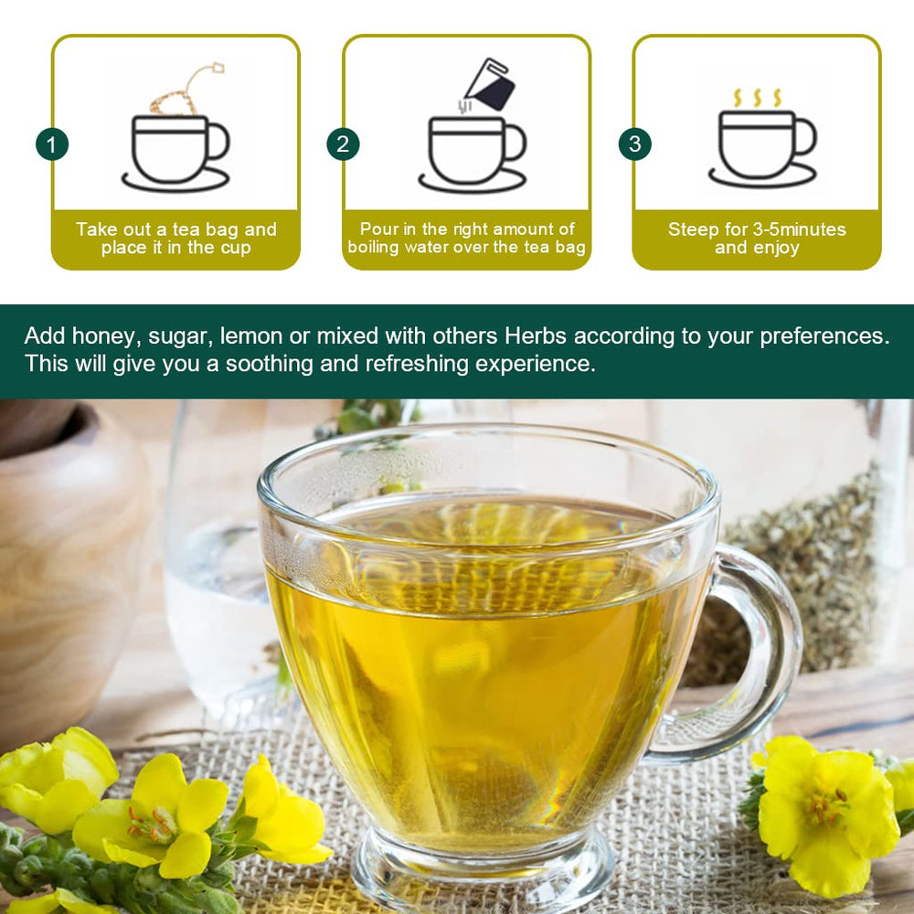 GORNVB mullein leaf tea bags steeping in hot water for a calming cup.