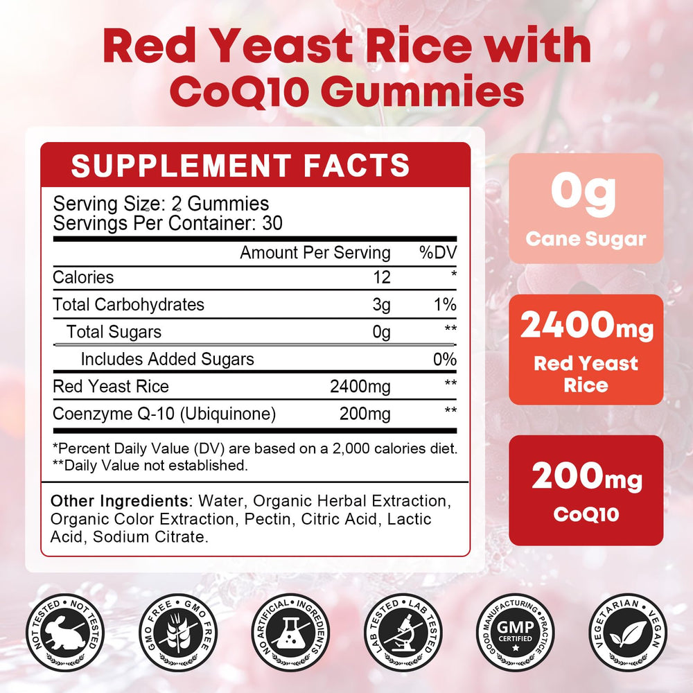 GORNVB red yeast rice and CoQ10 gummies close-up highlighting ingredients.