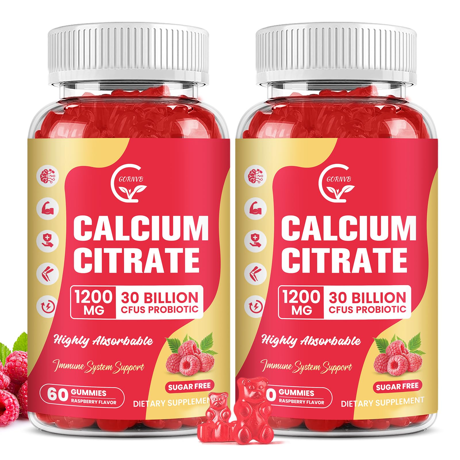 GORNVB sugar-free calcium citrate gummies raspberry bottle ready for daily bone support.
